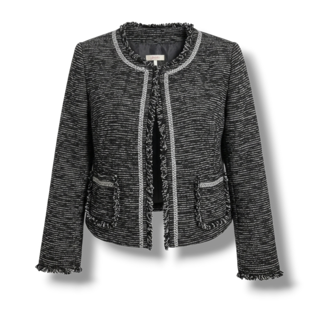 Frenchi women’s tweed frayed-edge open-front blazer jacket - Medium